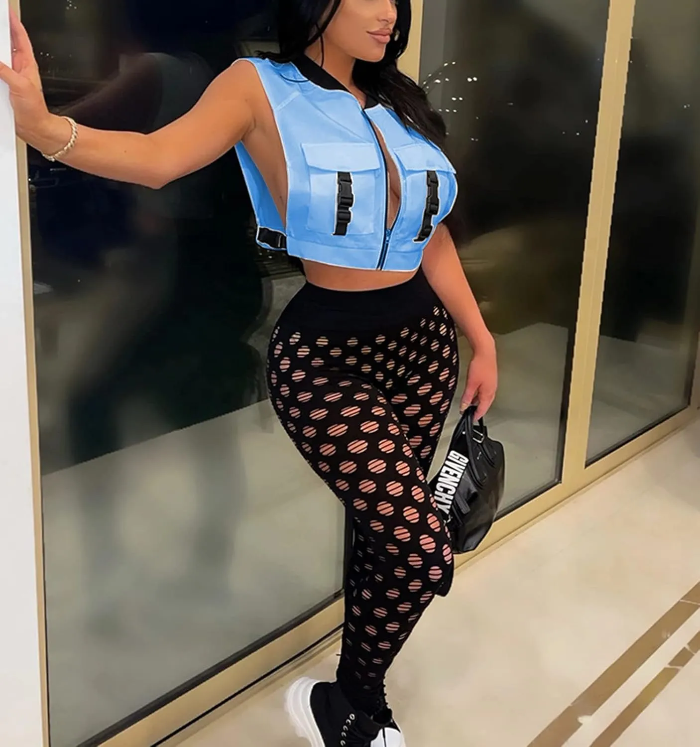 Women's Sexy Crop Cargo Vest Sleeveless Buckle Zip Up Vest Jacket Tops Steampunk Streetwear with Pockets