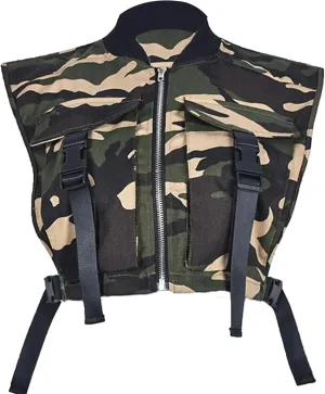 Women's Sexy Crop Cargo Vest Sleeveless Buckle Zip Up Vest Jacket Tops Steampunk Streetwear with Pockets