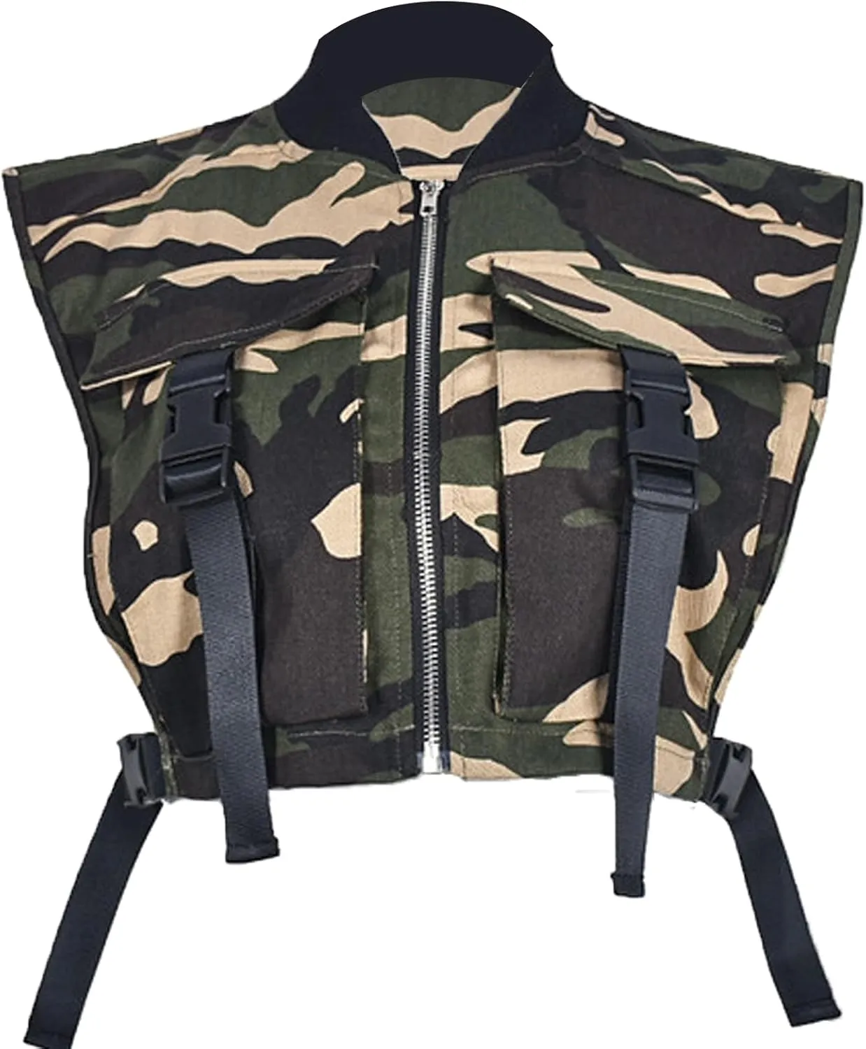 Women's Sexy Crop Cargo Vest Sleeveless Buckle Zip Up Vest Jacket Tops Steampunk Streetwear with Pockets