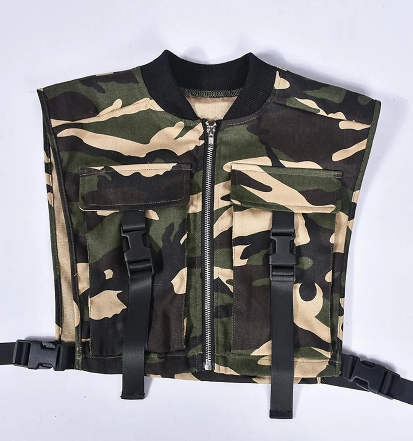 Women's Sexy Crop Cargo Vest Sleeveless Buckle Zip Up Vest Jacket Tops Steampunk Streetwear with Pockets