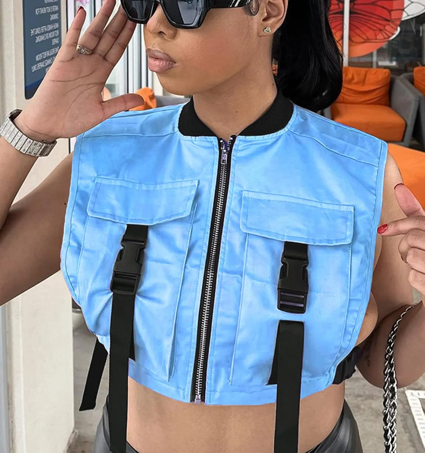 Women's Sexy Crop Cargo Vest Sleeveless Buckle Zip Up Vest Jacket Tops Steampunk Streetwear with Pockets