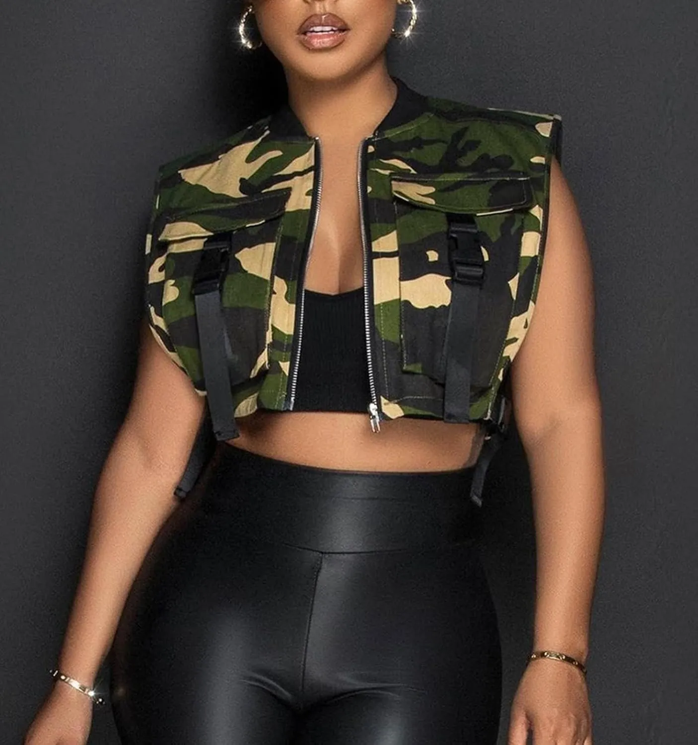 Women's Sexy Crop Cargo Vest Sleeveless Buckle Zip Up Vest Jacket Tops Steampunk Streetwear with Pockets
