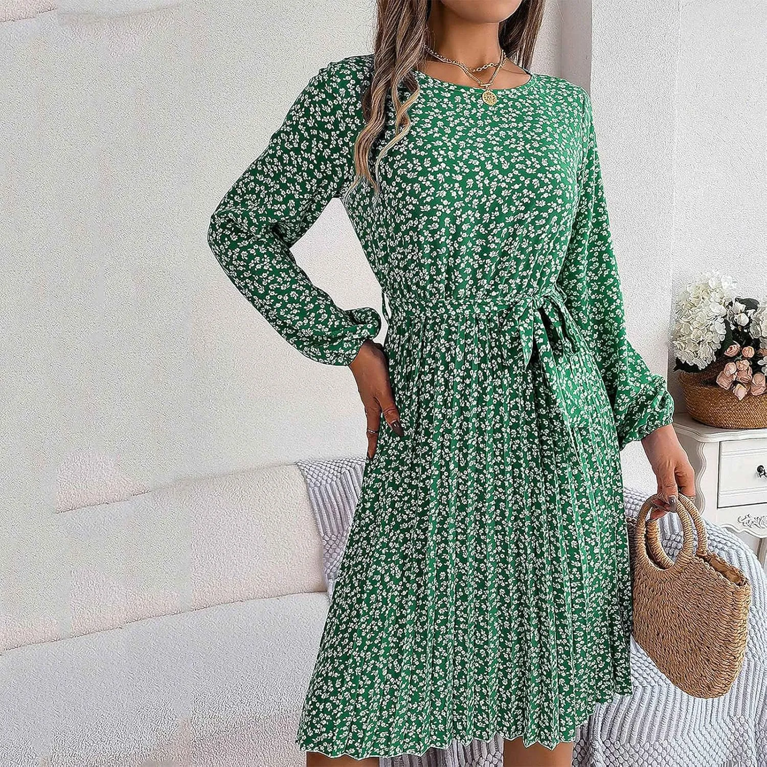 Women's Spring Floral Midi Dresses Long Sleeve Casual Tie Waist Boho Flowy Dresses Crew Neck Pleated Beach Dresses