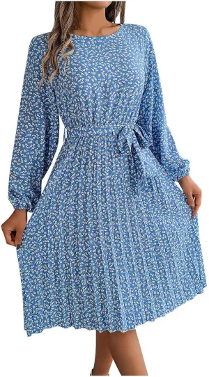Women's Spring Floral Midi Dresses Long Sleeve Casual Tie Waist Boho Flowy Dresses Crew Neck Pleated Beach Dresses