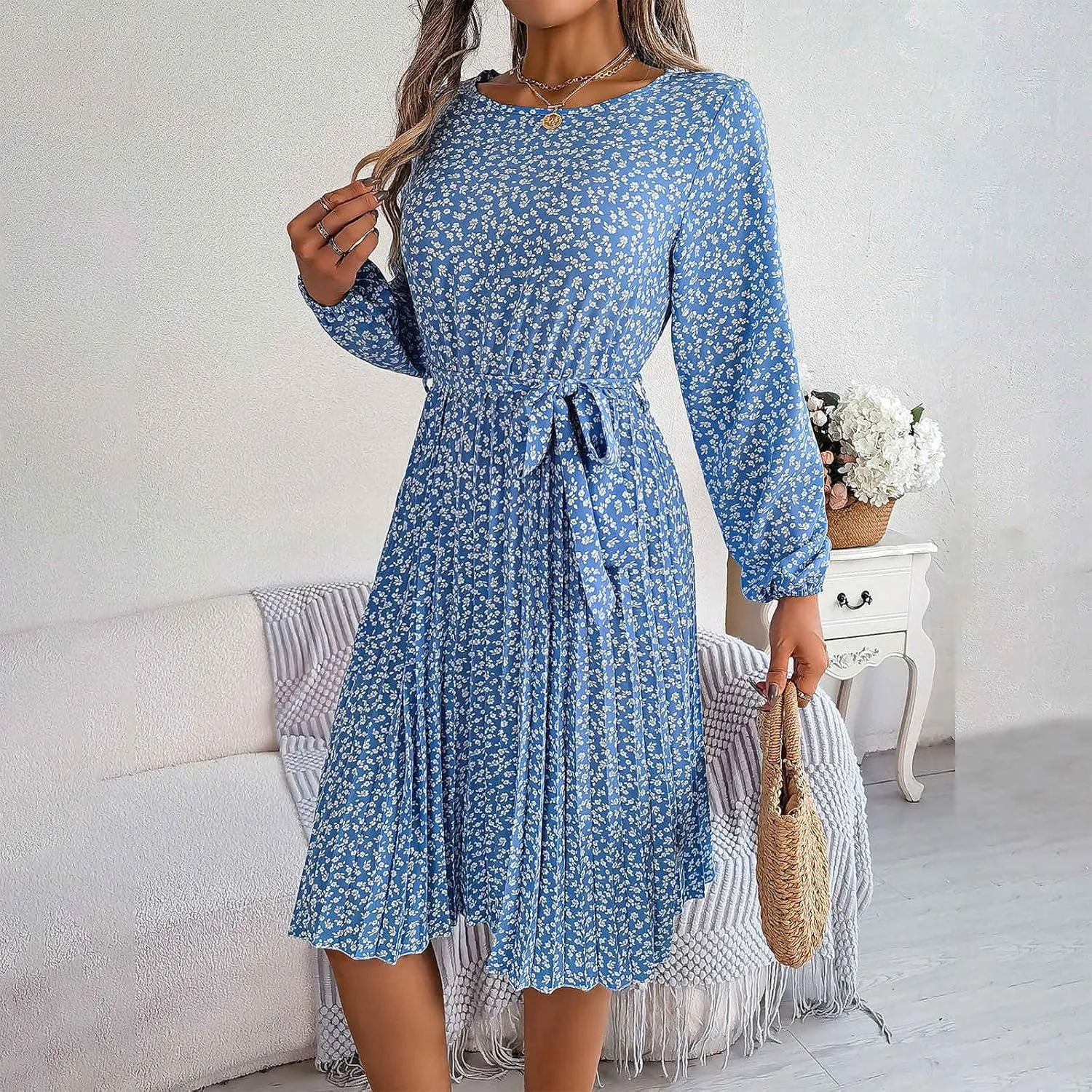Women's Spring Floral Midi Dresses Long Sleeve Casual Tie Waist Boho Flowy Dresses Crew Neck Pleated Beach Dresses