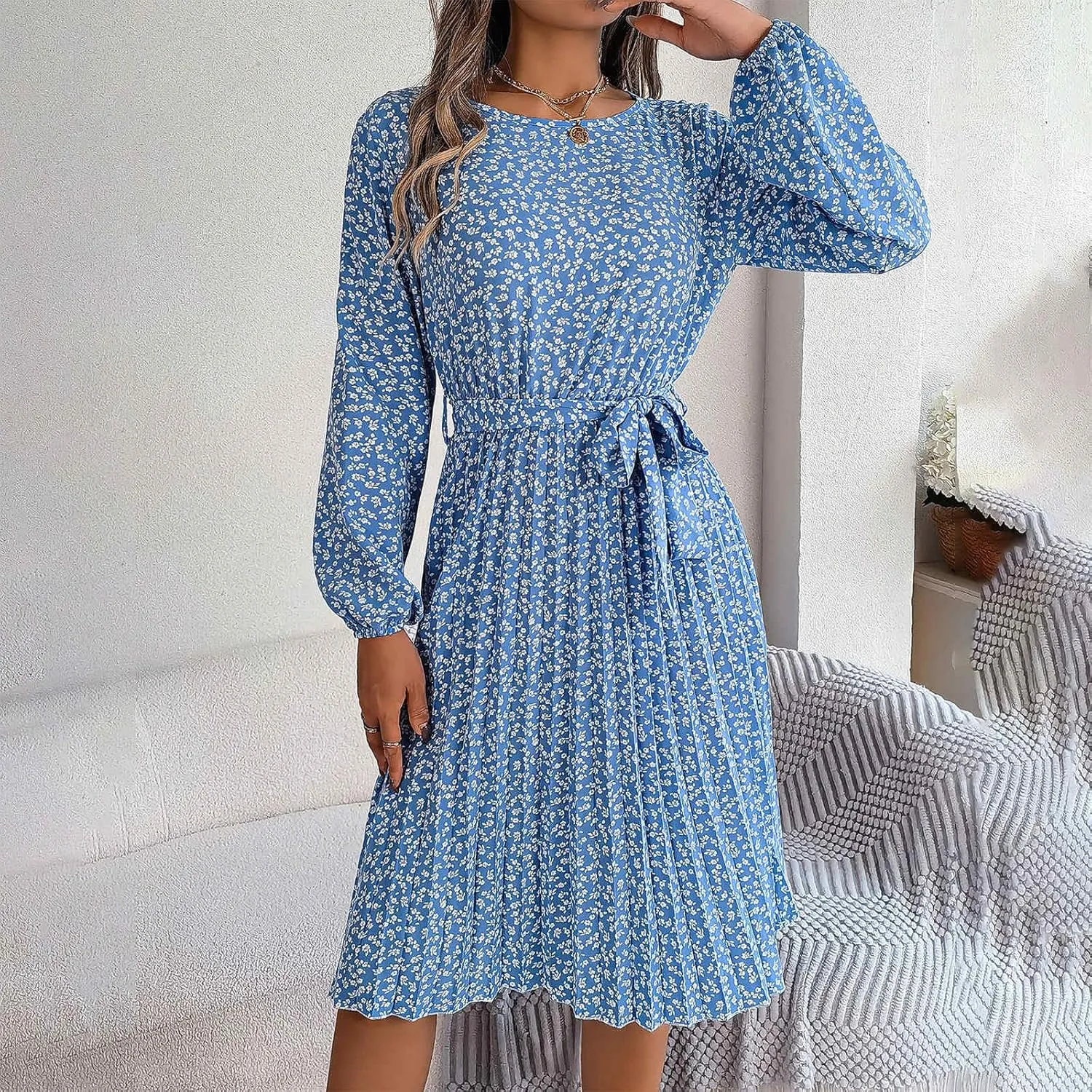 Women's Spring Floral Midi Dresses Long Sleeve Casual Tie Waist Boho Flowy Dresses Crew Neck Pleated Beach Dresses