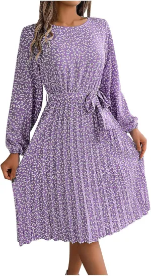 Women's Spring Floral Midi Dresses Long Sleeve Casual Tie Waist Boho Flowy Dresses Crew Neck Pleated Beach Dresses