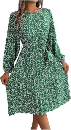 Women's Spring Floral Midi Dresses Long Sleeve Casual Tie Waist Boho Flowy Dresses Crew Neck Pleated Beach Dresses
