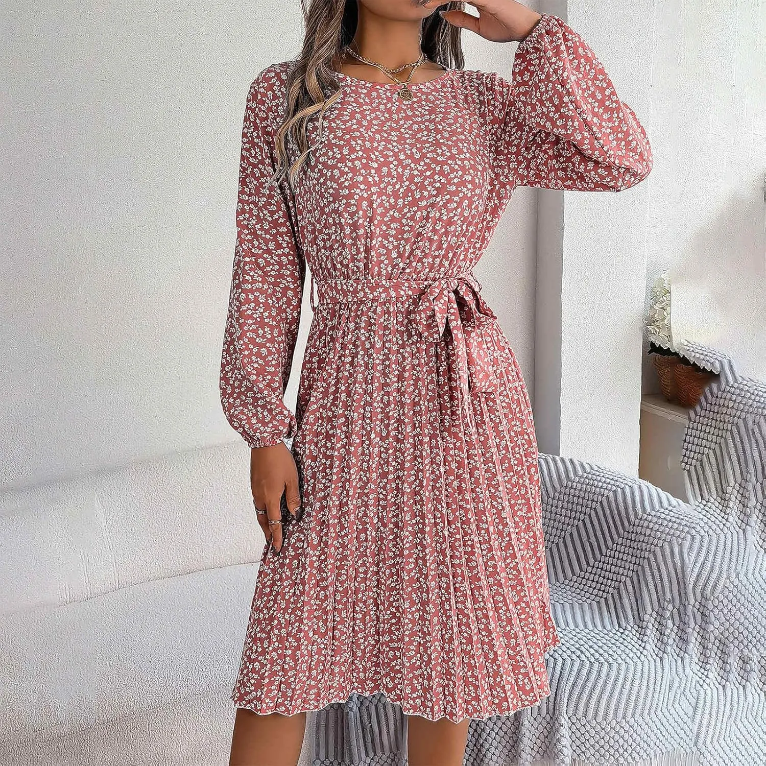 Women's Spring Floral Midi Dresses Long Sleeve Casual Tie Waist Boho Flowy Dresses Crew Neck Pleated Beach Dresses