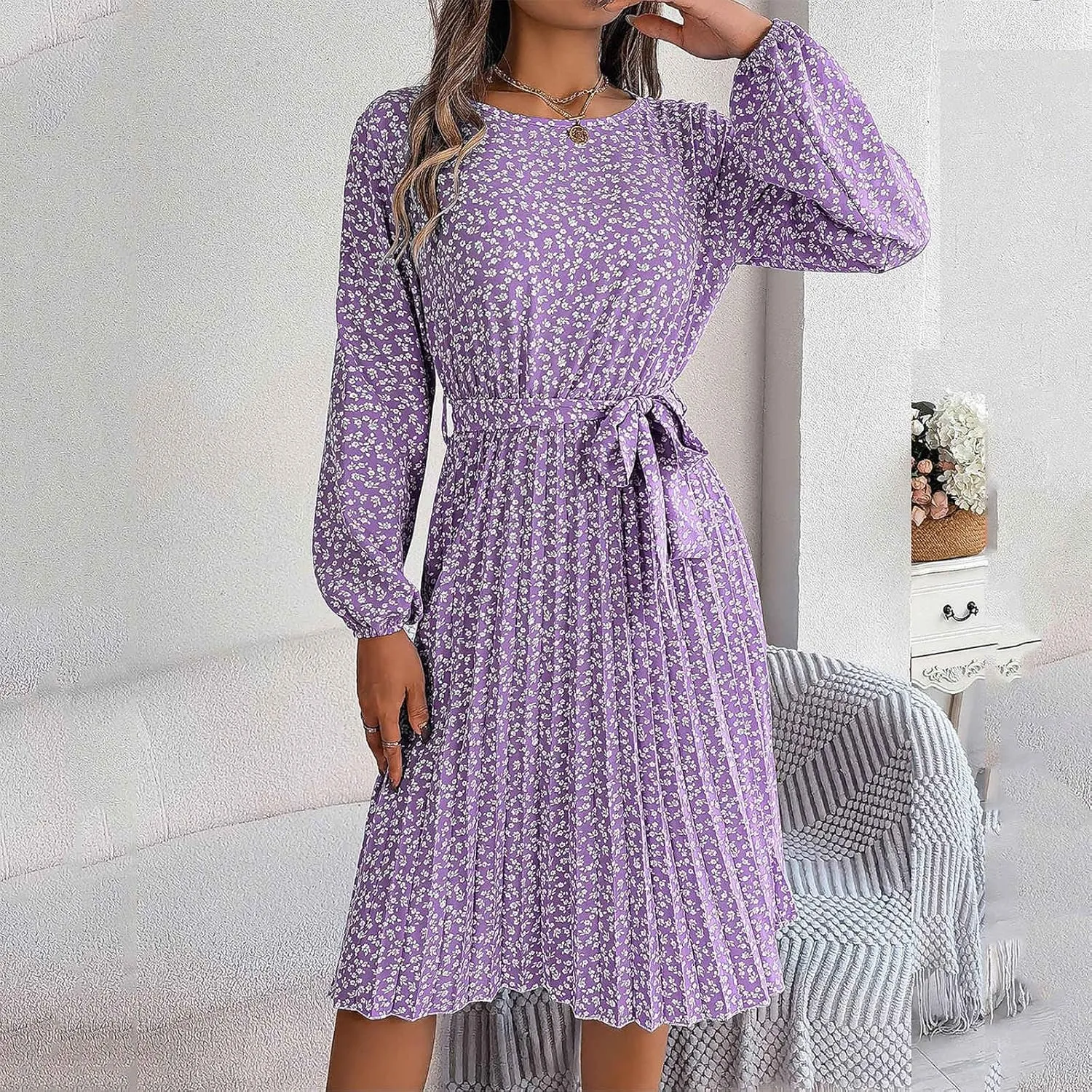 Women's Spring Floral Midi Dresses Long Sleeve Casual Tie Waist Boho Flowy Dresses Crew Neck Pleated Beach Dresses
