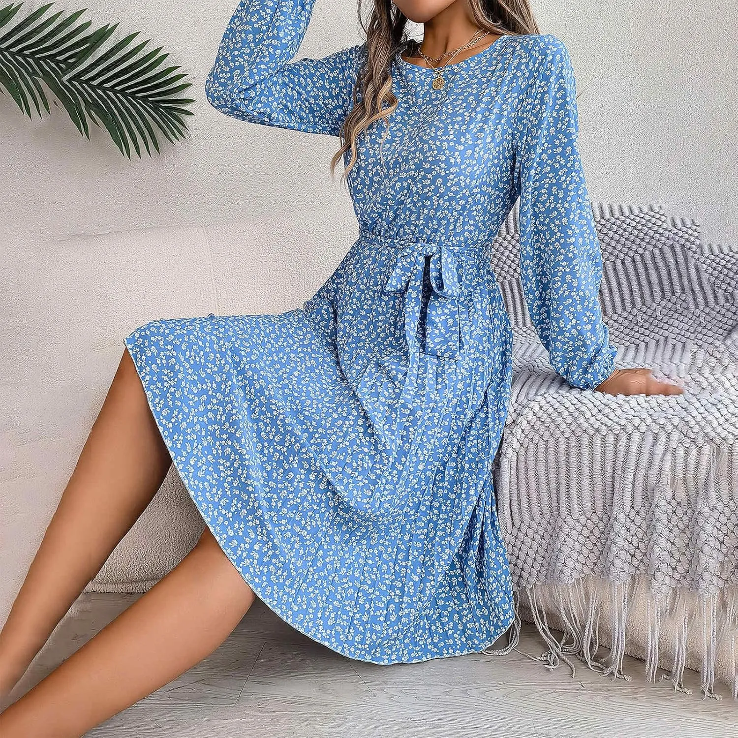 Women's Spring Floral Midi Dresses Long Sleeve Casual Tie Waist Boho Flowy Dresses Crew Neck Pleated Beach Dresses