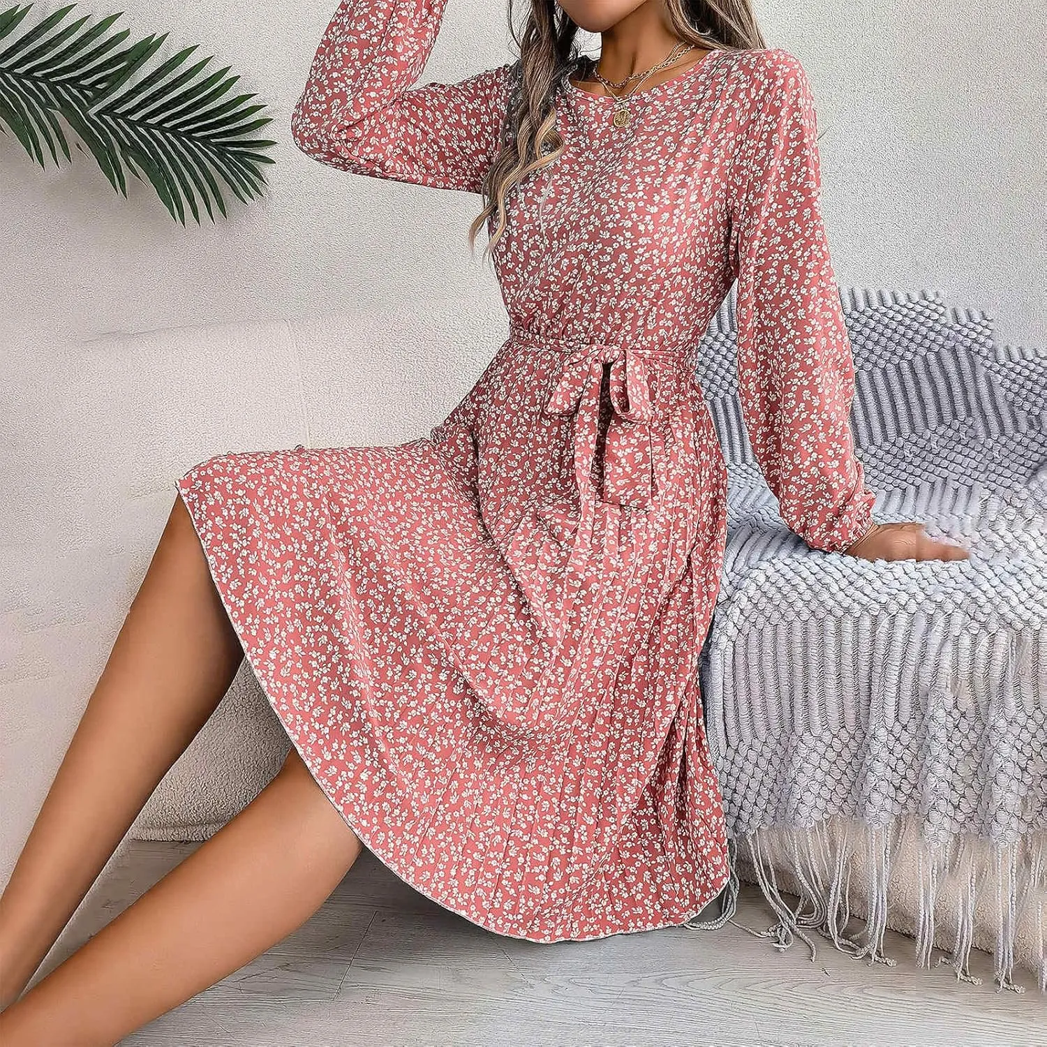 Women's Spring Floral Midi Dresses Long Sleeve Casual Tie Waist Boho Flowy Dresses Crew Neck Pleated Beach Dresses