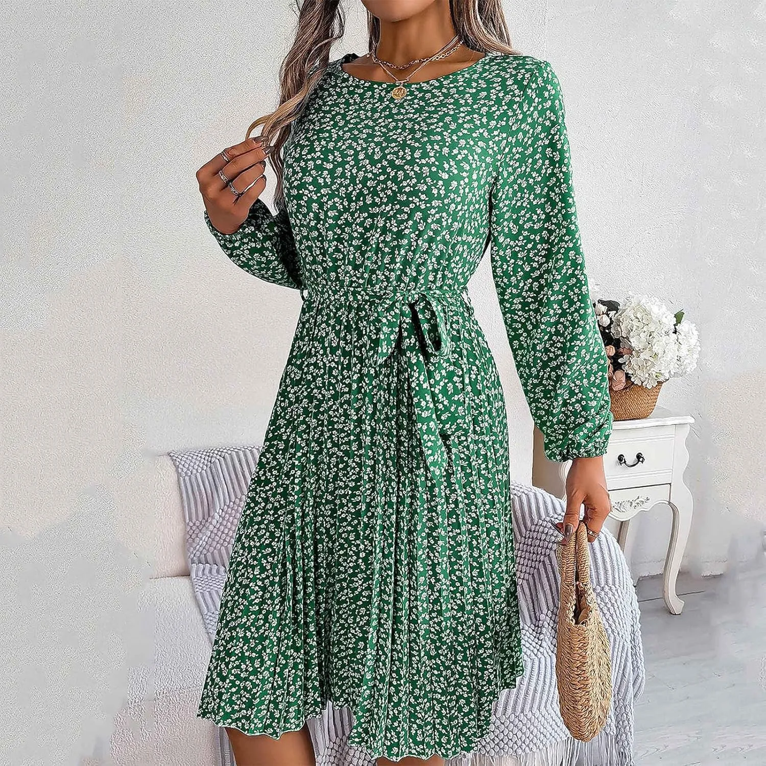 Women's Spring Floral Midi Dresses Long Sleeve Casual Tie Waist Boho Flowy Dresses Crew Neck Pleated Beach Dresses