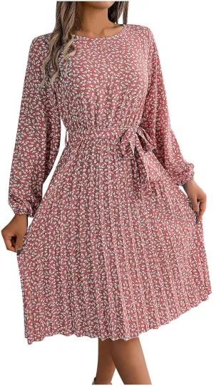 Women's Spring Floral Midi Dresses Long Sleeve Casual Tie Waist Boho Flowy Dresses Crew Neck Pleated Beach Dresses