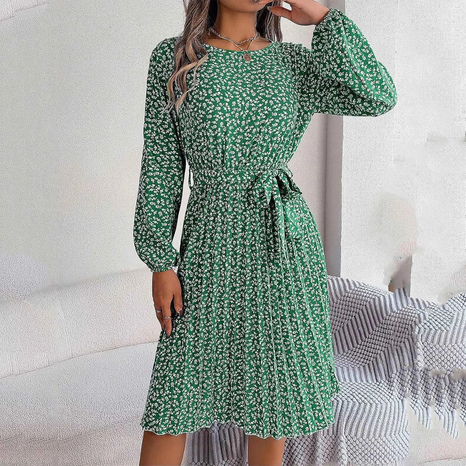 Women's Spring Floral Midi Dresses Long Sleeve Casual Tie Waist Boho Flowy Dresses Crew Neck Pleated Beach Dresses