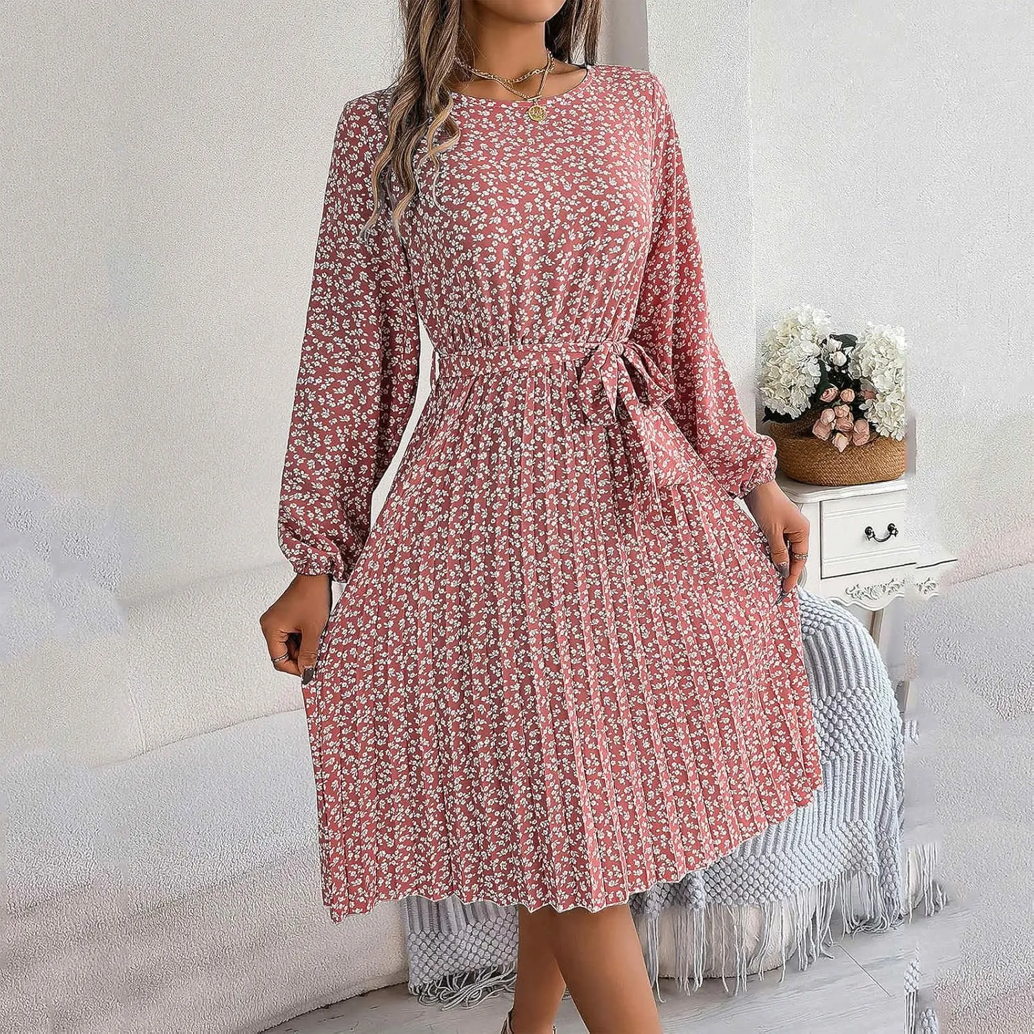 Women's Spring Floral Midi Dresses Long Sleeve Casual Tie Waist Boho Flowy Dresses Crew Neck Pleated Beach Dresses