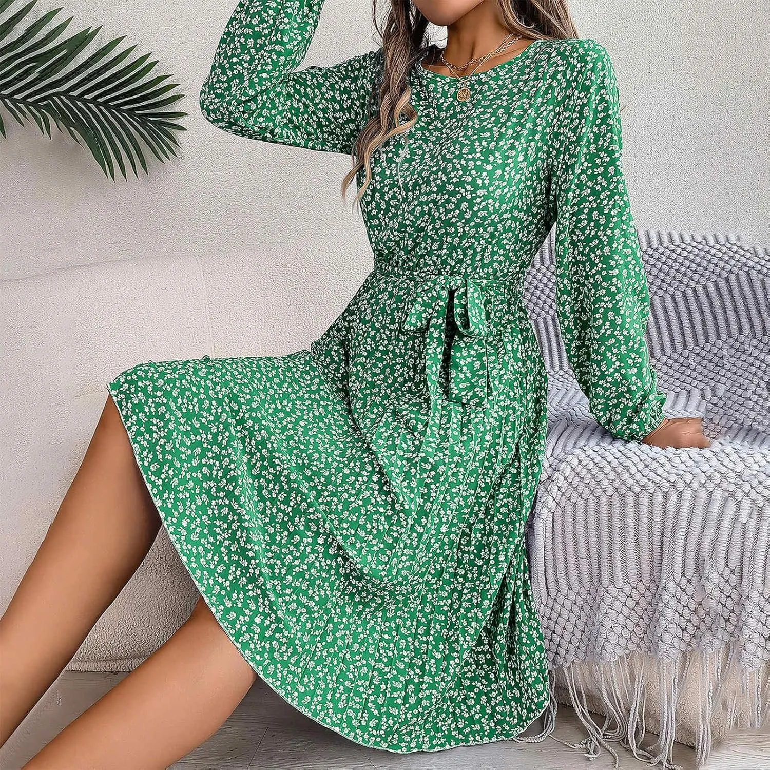 Women's Spring Floral Midi Dresses Long Sleeve Casual Tie Waist Boho Flowy Dresses Crew Neck Pleated Beach Dresses