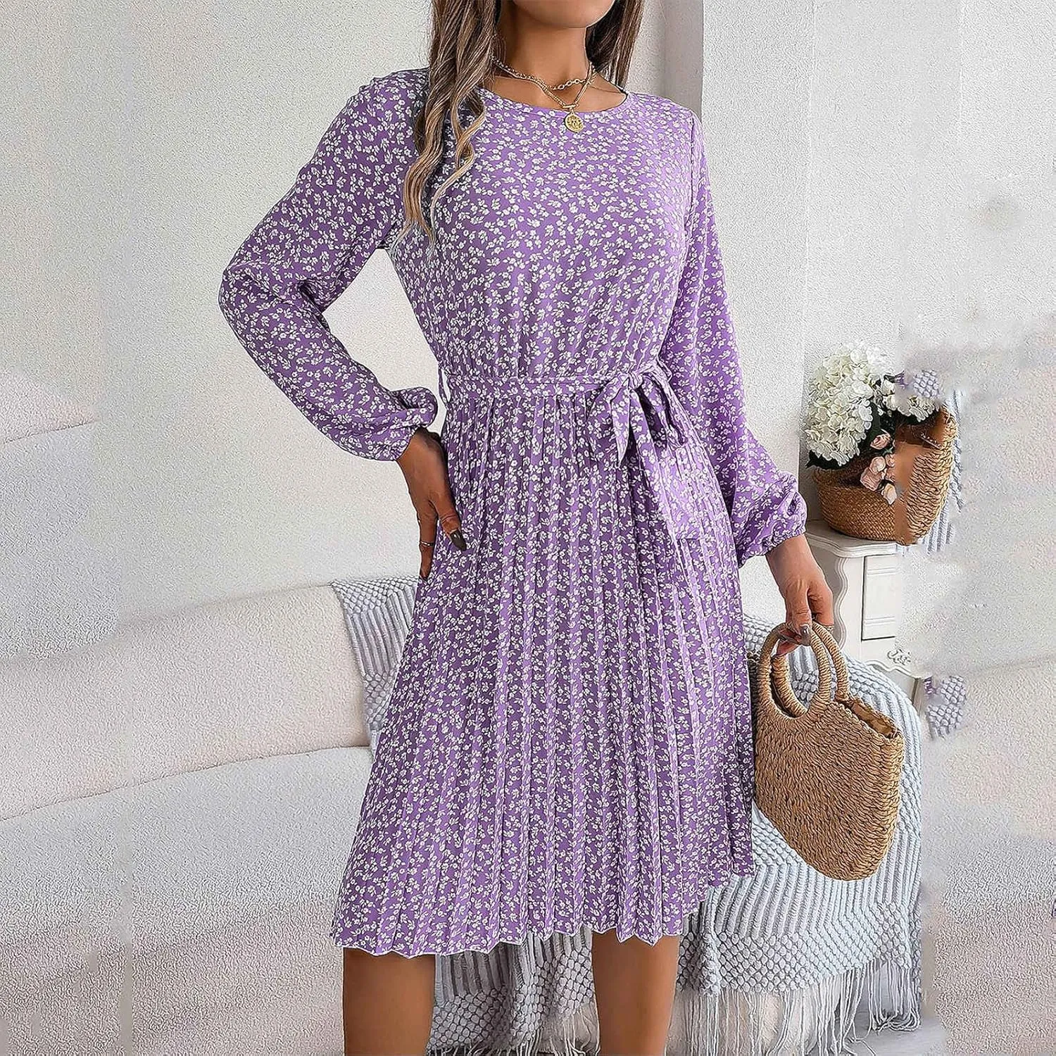 Women's Spring Floral Midi Dresses Long Sleeve Casual Tie Waist Boho Flowy Dresses Crew Neck Pleated Beach Dresses