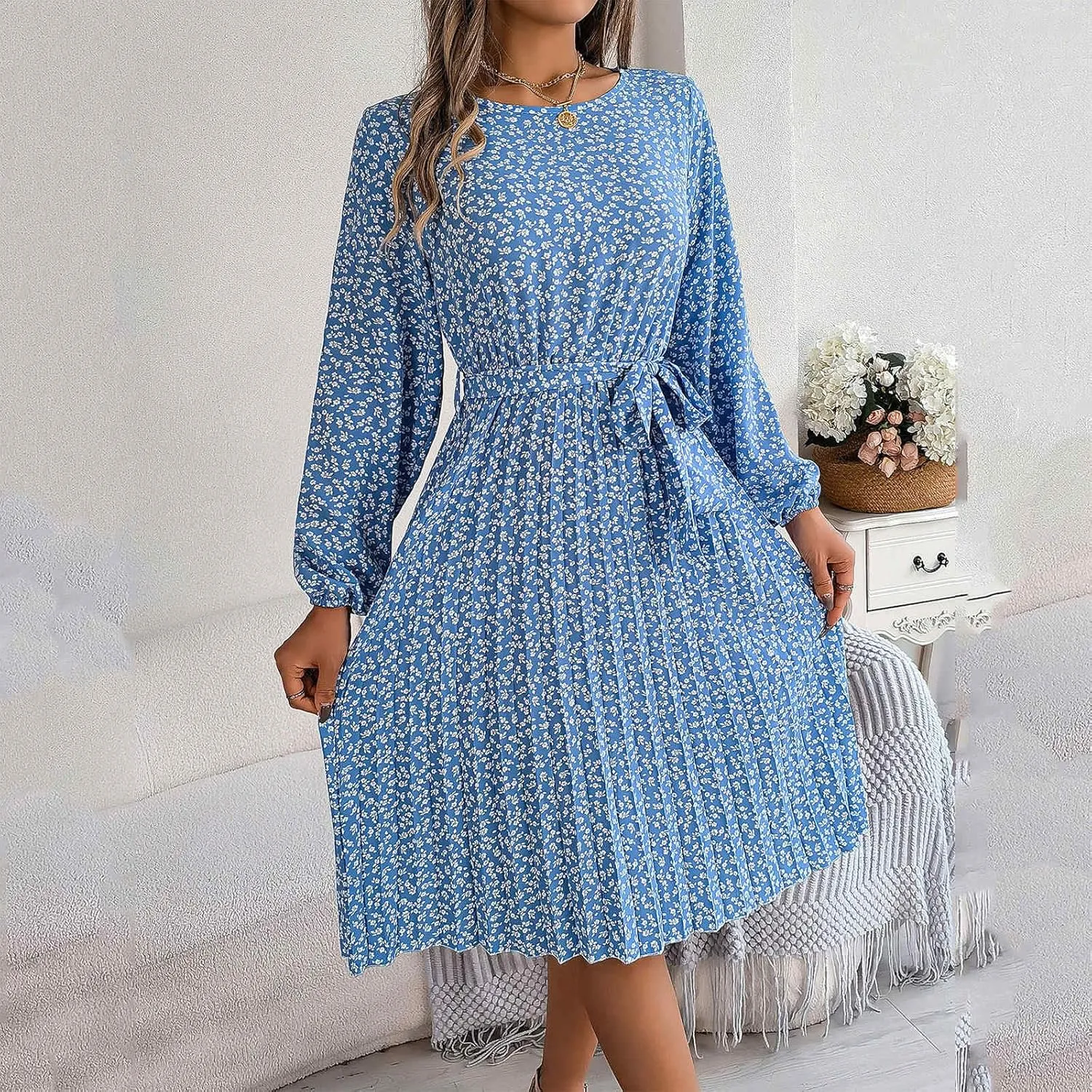 Women's Spring Floral Midi Dresses Long Sleeve Casual Tie Waist Boho Flowy Dresses Crew Neck Pleated Beach Dresses