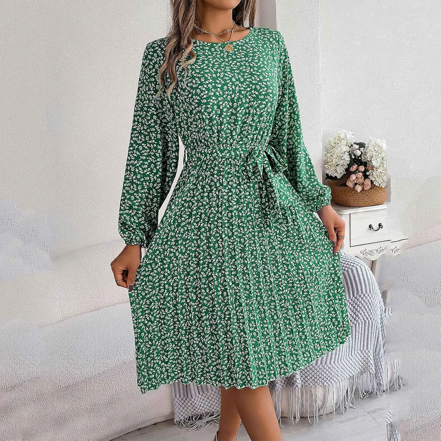 Women's Spring Floral Midi Dresses Long Sleeve Casual Tie Waist Boho Flowy Dresses Crew Neck Pleated Beach Dresses