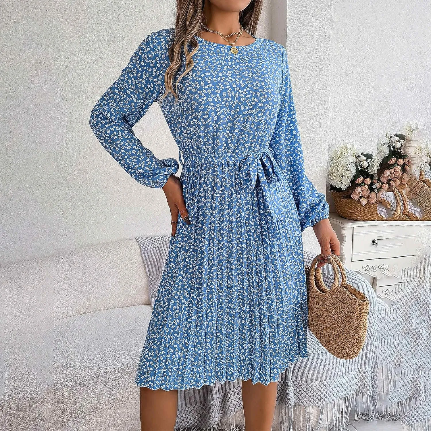 Women's Spring Floral Midi Dresses Long Sleeve Casual Tie Waist Boho Flowy Dresses Crew Neck Pleated Beach Dresses
