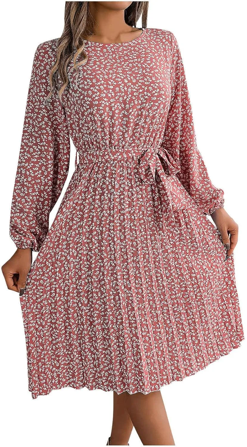 Women's Spring Floral Midi Dresses Long Sleeve Casual Tie Waist Boho Flowy Dresses Crew Neck Pleated Beach Dresses