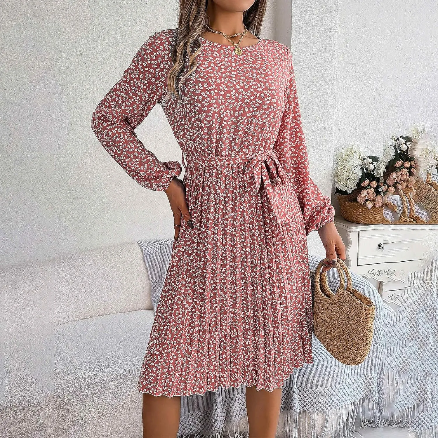Women's Spring Floral Midi Dresses Long Sleeve Casual Tie Waist Boho Flowy Dresses Crew Neck Pleated Beach Dresses