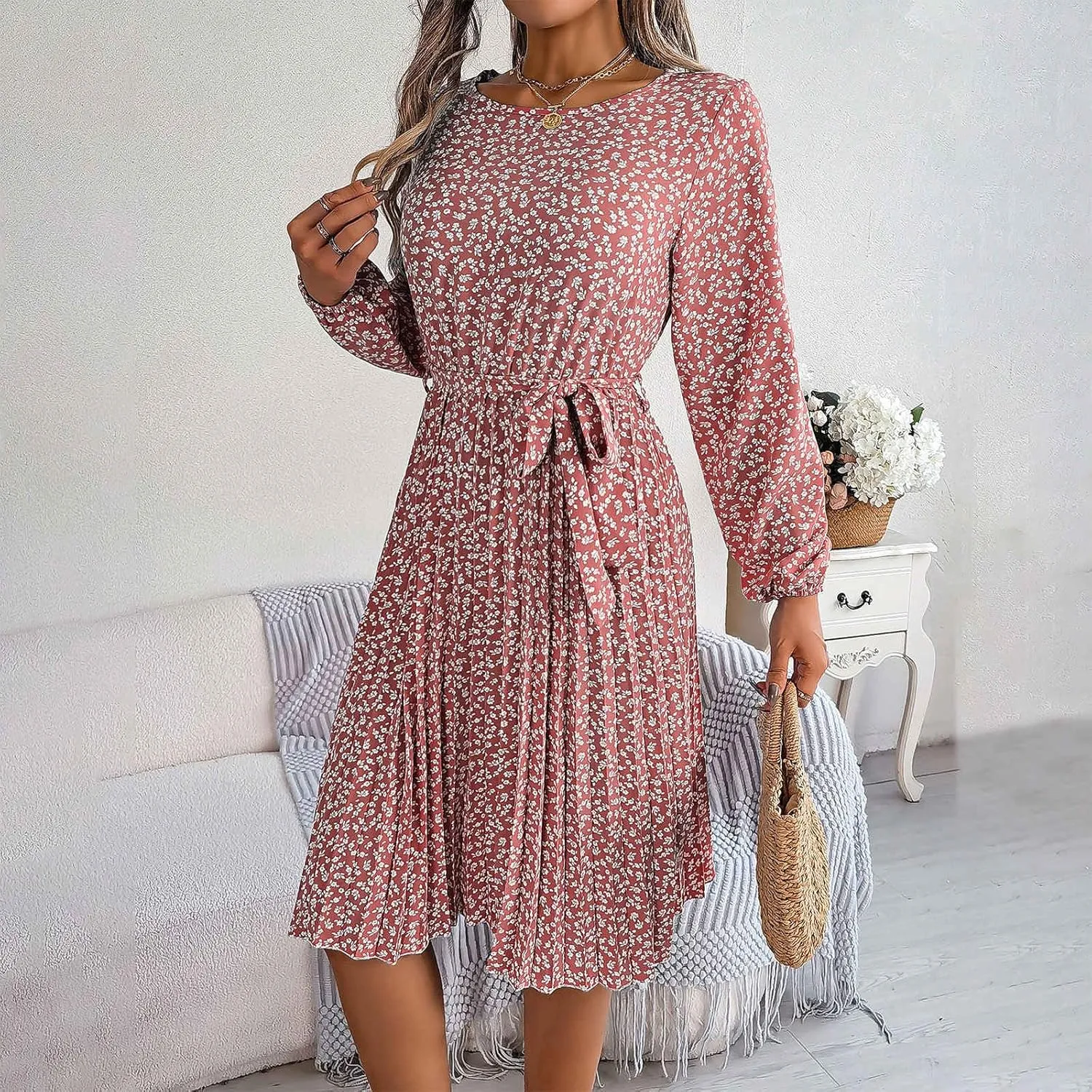 Women's Spring Floral Midi Dresses Long Sleeve Casual Tie Waist Boho Flowy Dresses Crew Neck Pleated Beach Dresses