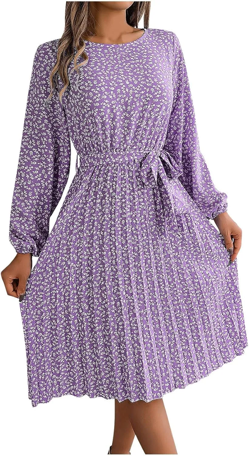 Women's Spring Floral Midi Dresses Long Sleeve Casual Tie Waist Boho Flowy Dresses Crew Neck Pleated Beach Dresses