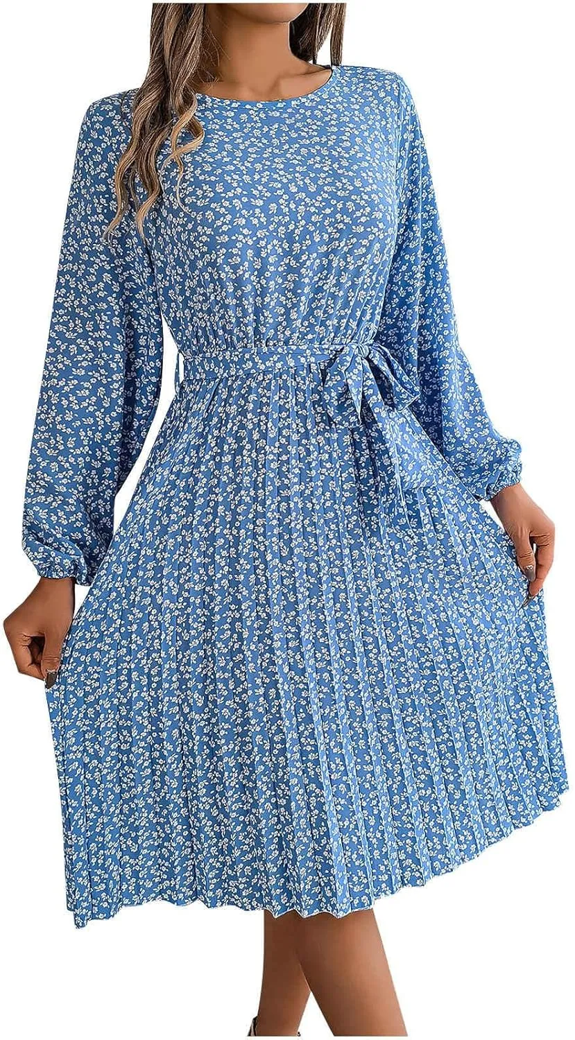 Women's Spring Floral Midi Dresses Long Sleeve Casual Tie Waist Boho Flowy Dresses Crew Neck Pleated Beach Dresses