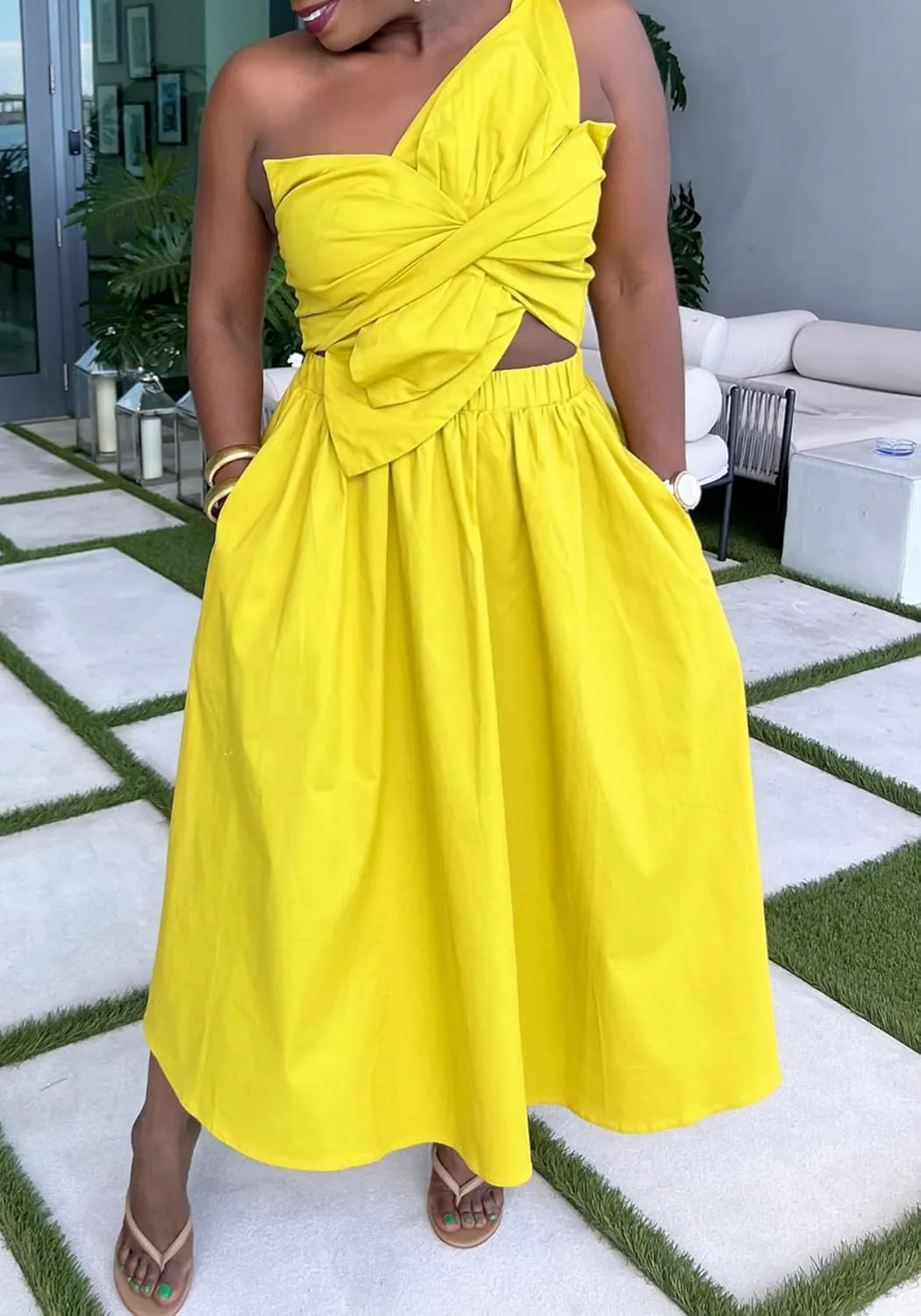 Women's Summer Dresses Sexy Sleeveless One Shoulder 3D Flower Ruched Bodycon Dress Cut Out A-Line Split Maxi Dresses