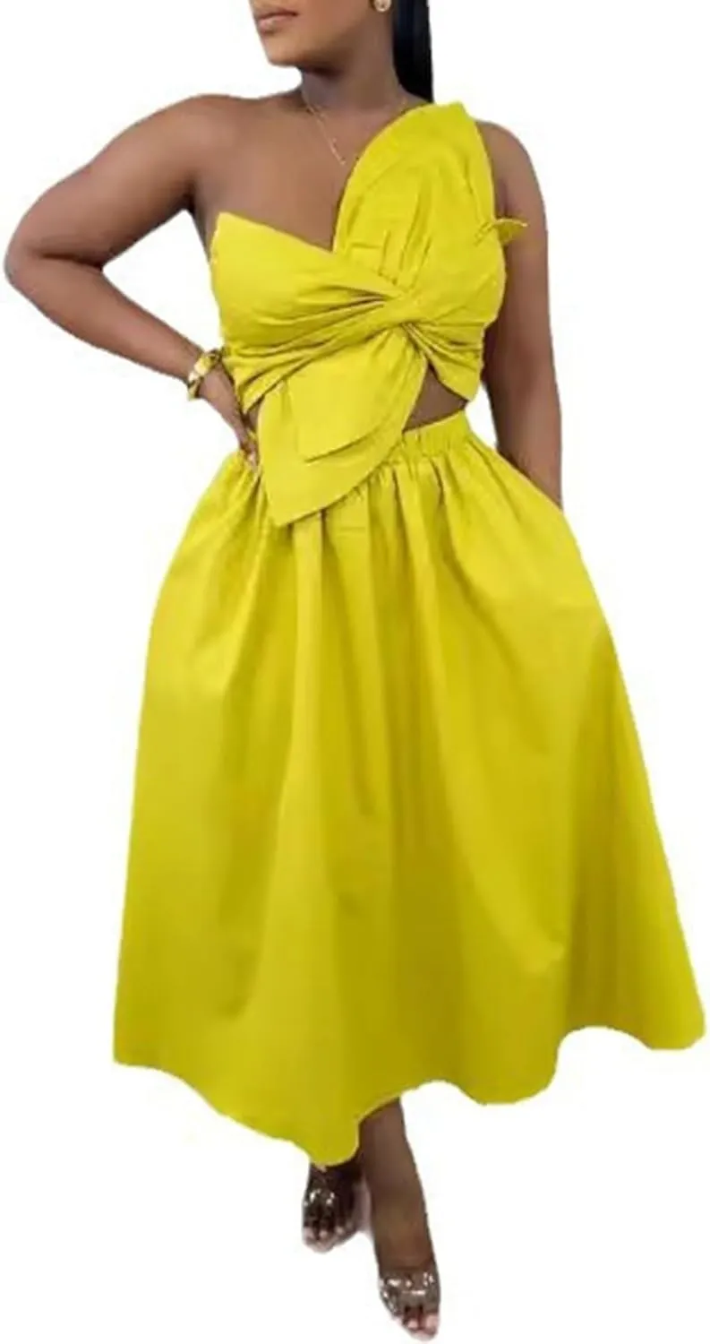 Women's Summer Dresses Sexy Sleeveless One Shoulder 3D Flower Ruched Bodycon Dress Cut Out A-Line Split Maxi Dresses