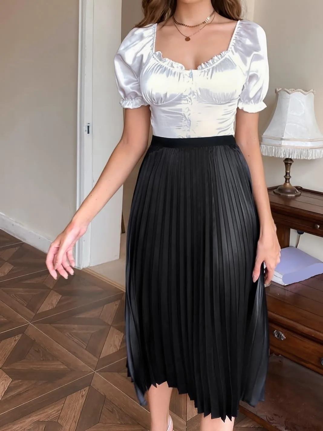 Womens Summer Flowy Skirt Dress Solid Pleated Midi Skirt