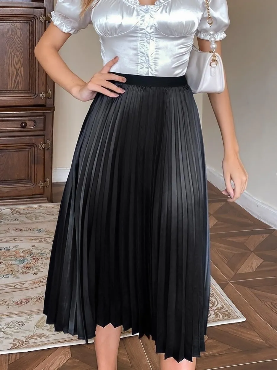 Womens Summer Flowy Skirt Dress Solid Pleated Midi Skirt