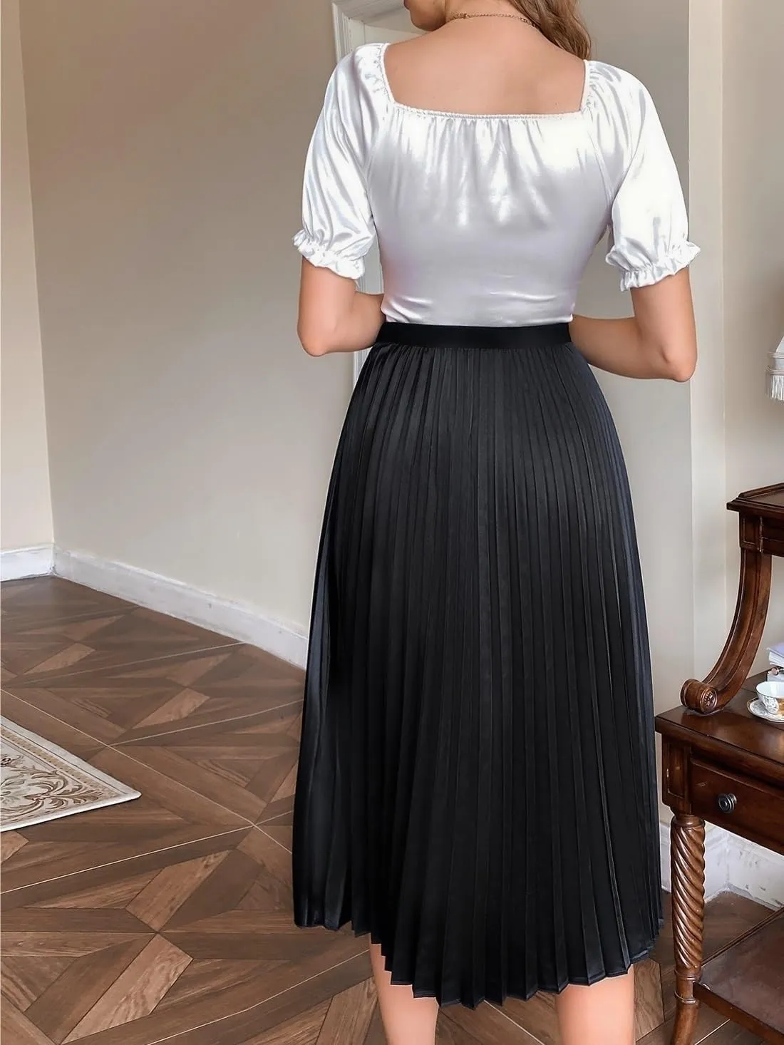 Womens Summer Flowy Skirt Dress Solid Pleated Midi Skirt