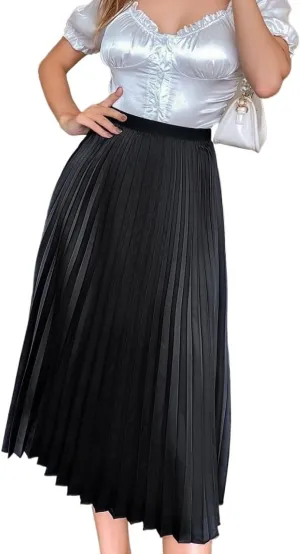 Womens Summer Flowy Skirt Dress Solid Pleated Midi Skirt