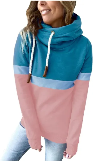 Women's Turtleneck Hoodie Colorblock Long Sleeve Casual Sweatshirt Fashion Drawstring Workout Hooded Pullover