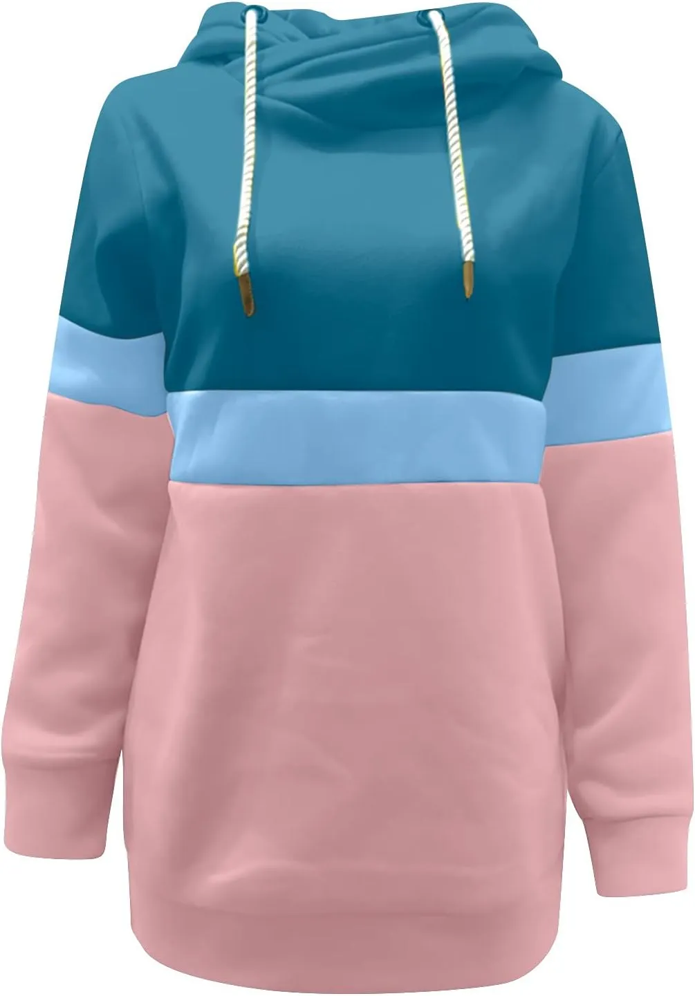 Women's Turtleneck Hoodie Colorblock Long Sleeve Casual Sweatshirt Fashion Drawstring Workout Hooded Pullover