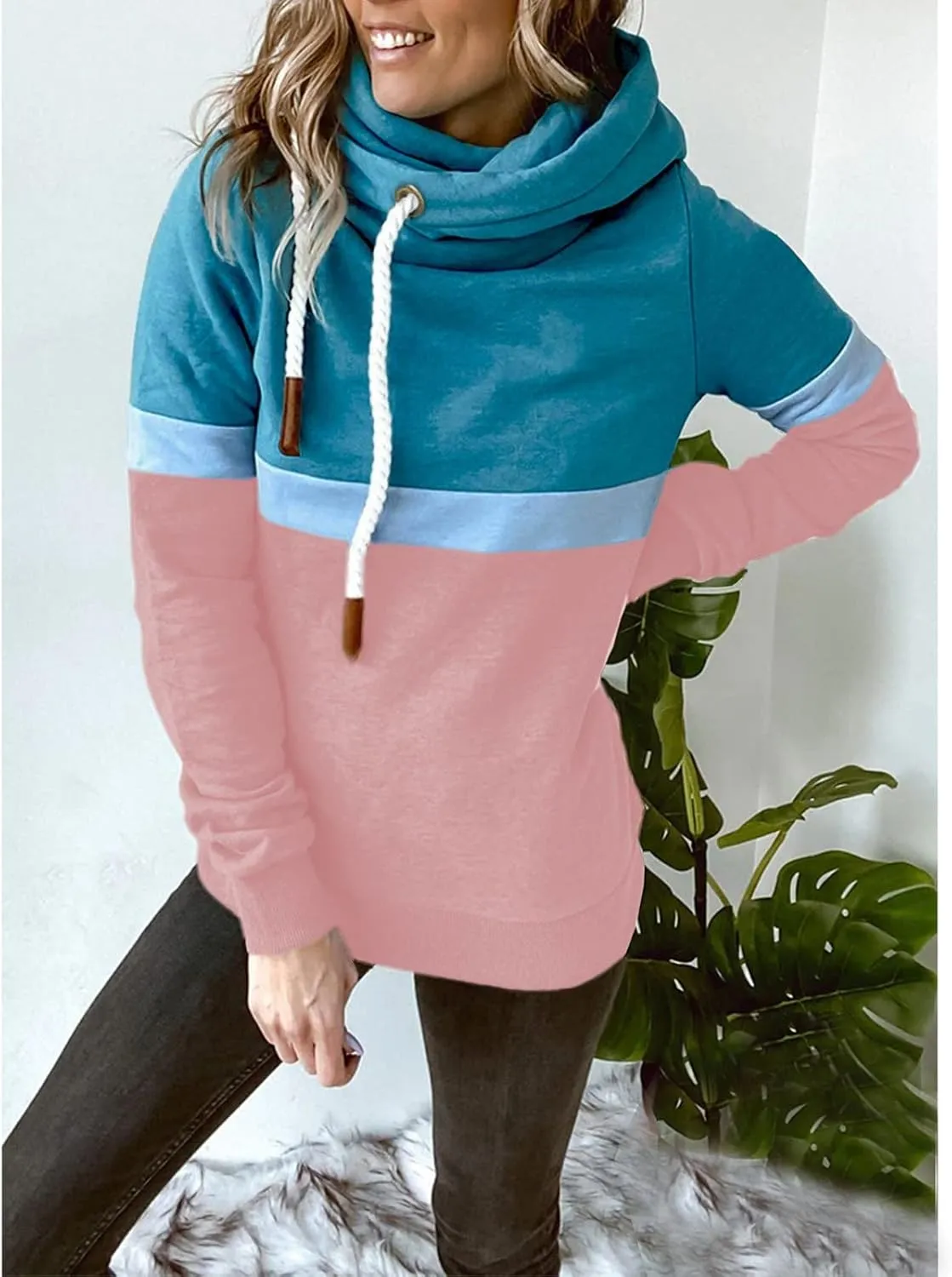 Women's Turtleneck Hoodie Colorblock Long Sleeve Casual Sweatshirt Fashion Drawstring Workout Hooded Pullover