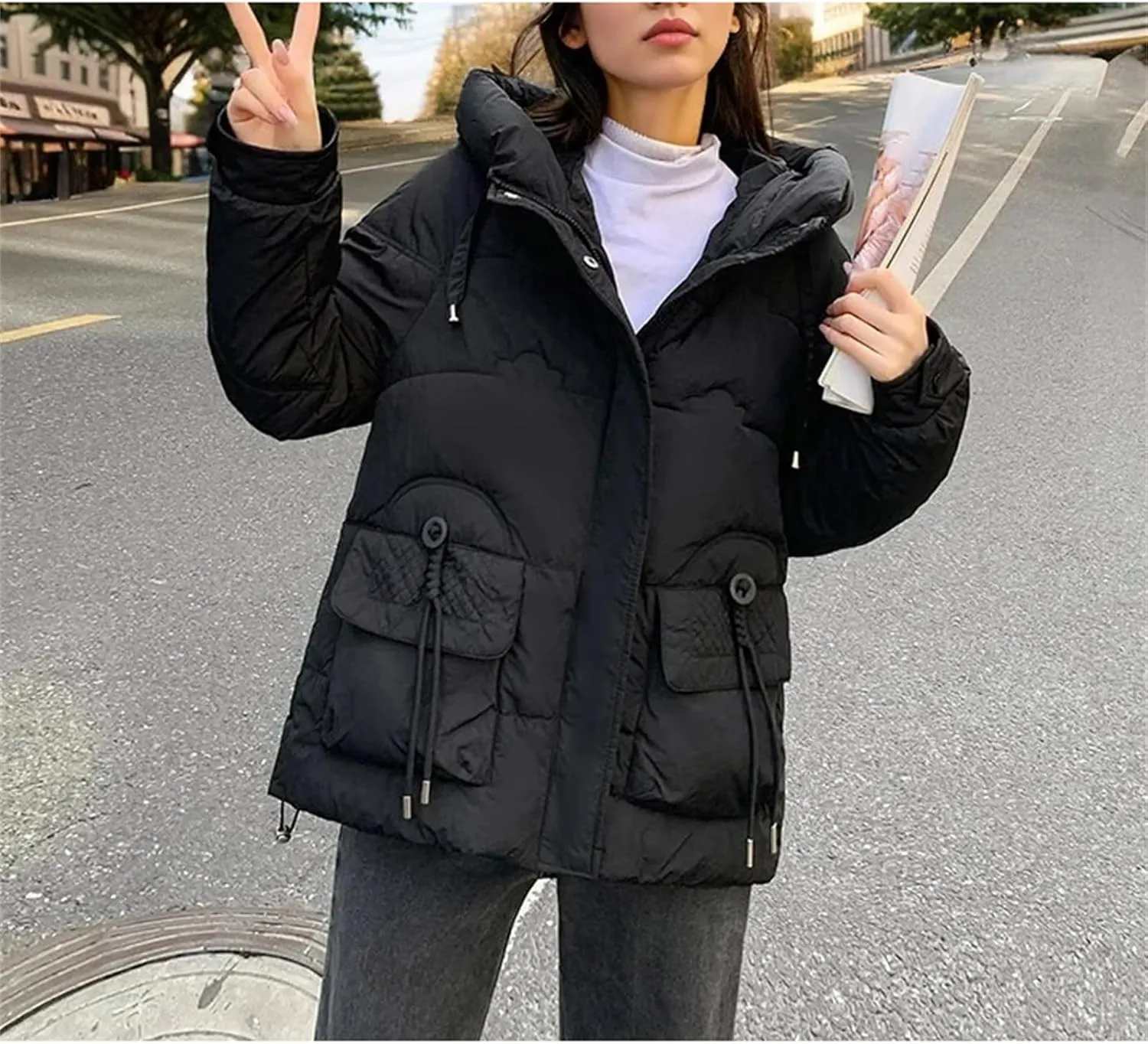 Women's Winter Cotton Padded Coat Casual Warm Down Jacket Thickened Large Pocket Hooded Parkas
