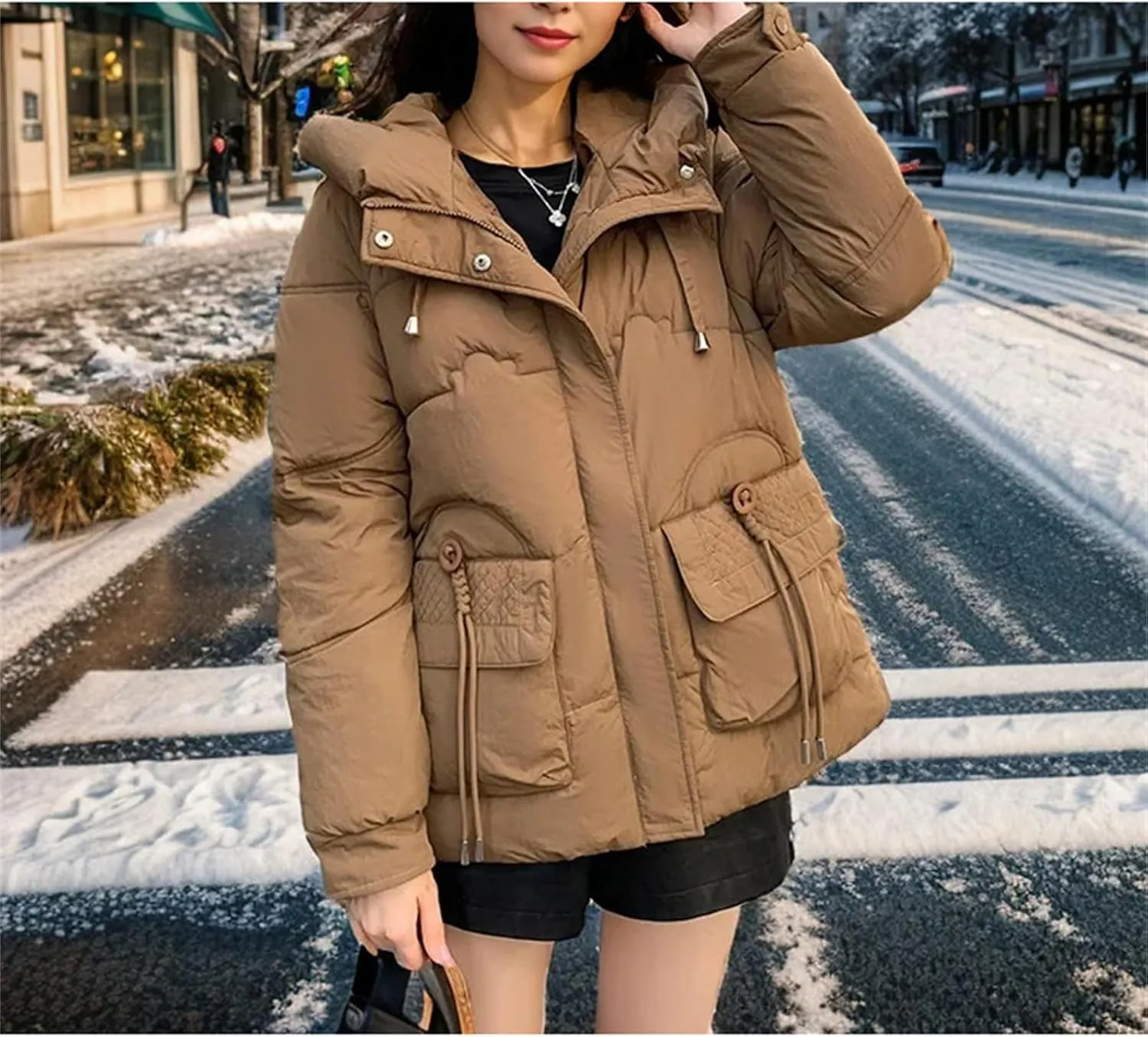 Women's Winter Cotton Padded Coat Casual Warm Down Jacket Thickened Large Pocket Hooded Parkas