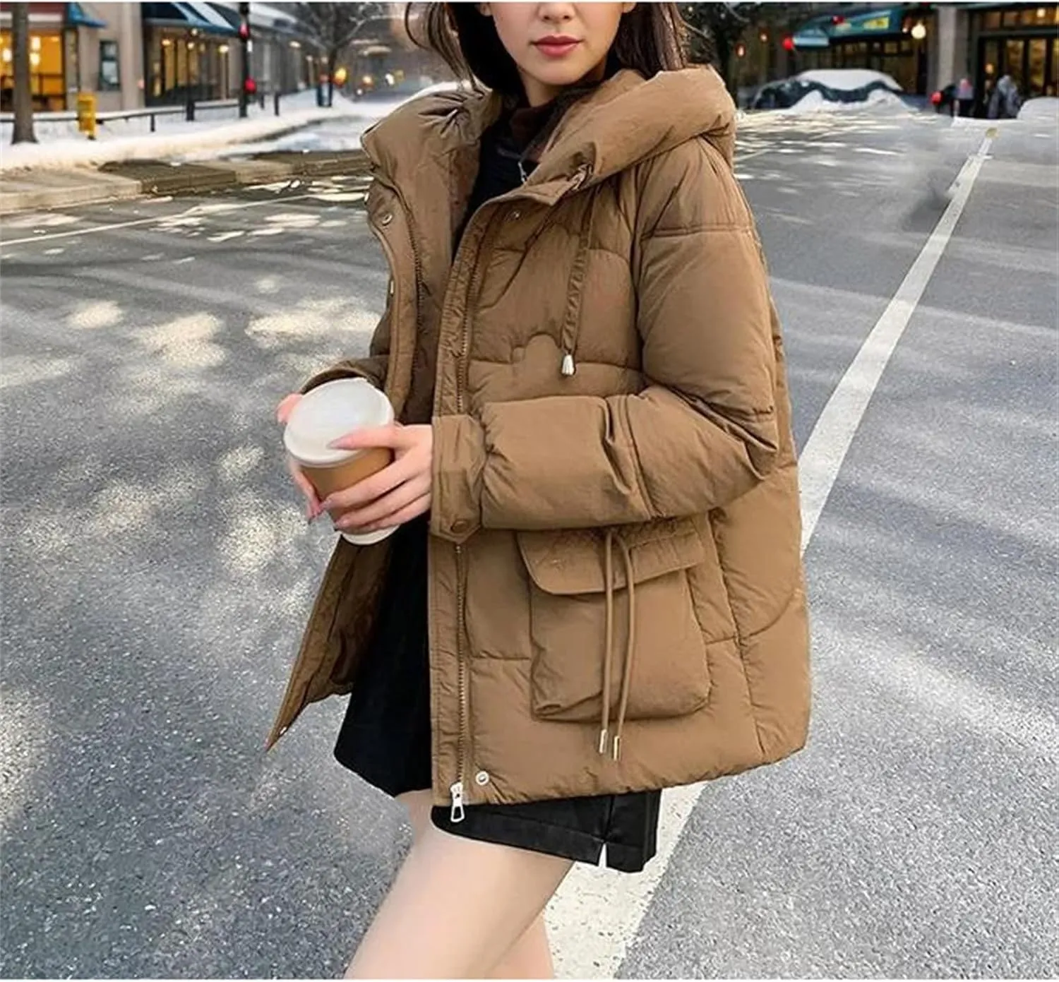 Women's Winter Cotton Padded Coat Casual Warm Down Jacket Thickened Large Pocket Hooded Parkas