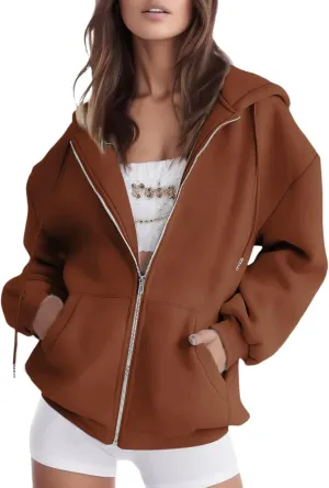 Womens Zip Up Hoodies Long Sleeve Fall Oversized Sweatshirts Casual Plain Fleece Jacket with Pockets Y2K Clothes Outwear