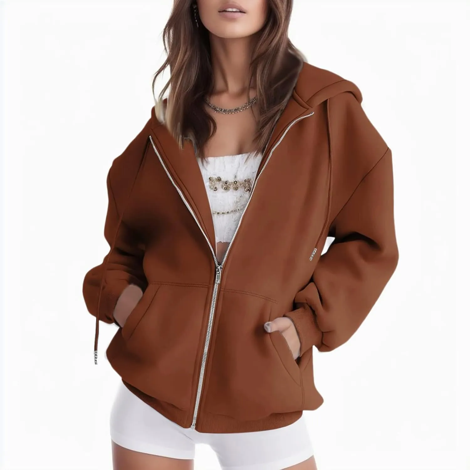 Womens Zip Up Hoodies Long Sleeve Fall Oversized Sweatshirts Casual Plain Fleece Jacket with Pockets Y2K Clothes Outwear