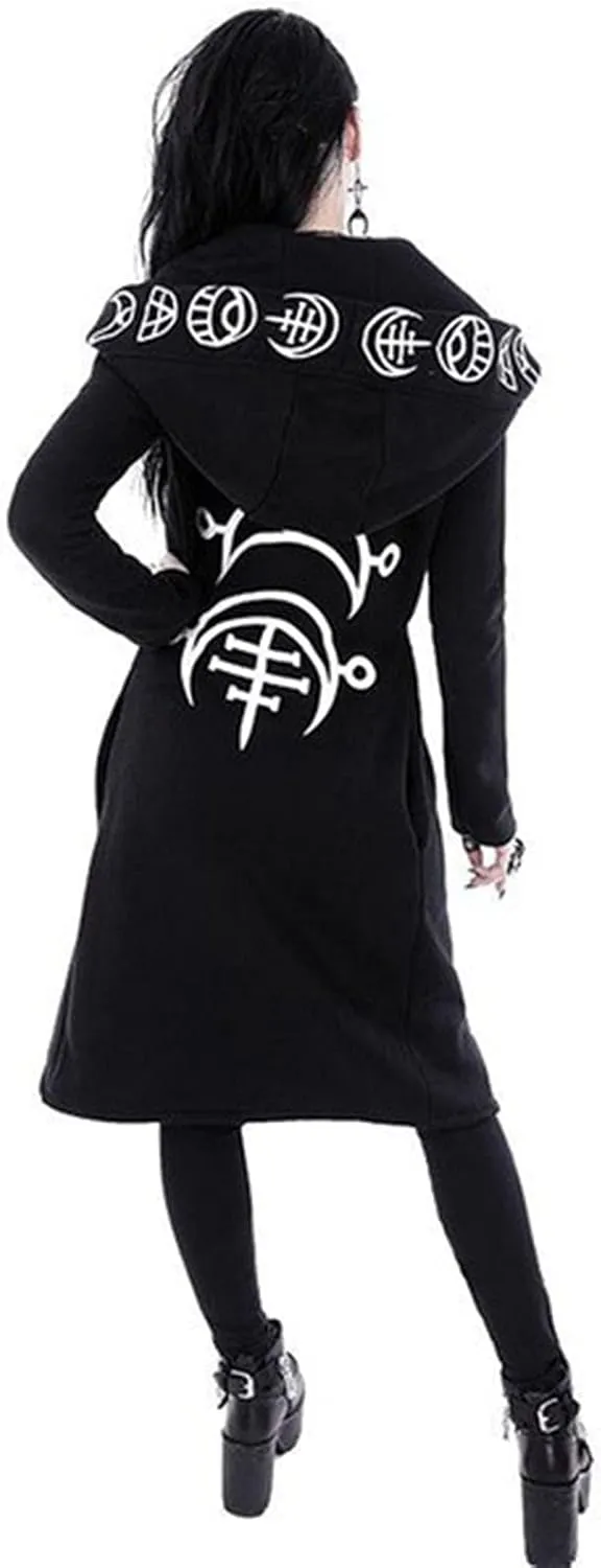 Xiaojmake Women Punk Gothic Sweatshirt Witchcraft Moon Long Hoodie Jacket Oversized Long Sleeve Zip Up Halloween Hooded Coats