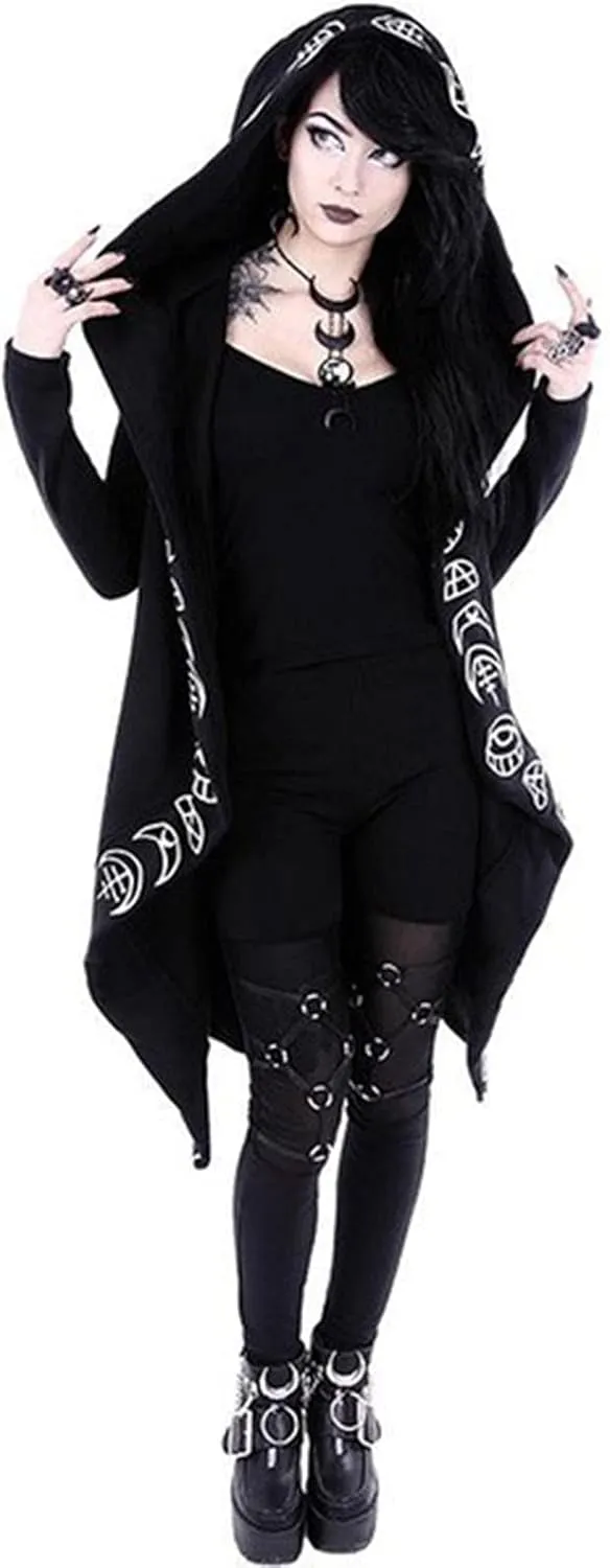 Xiaojmake Women Punk Gothic Sweatshirt Witchcraft Moon Long Hoodie Jacket Oversized Long Sleeve Zip Up Halloween Hooded Coats