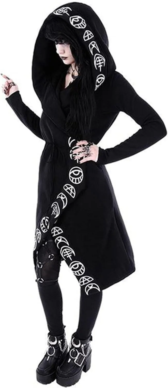 Xiaojmake Women Punk Gothic Sweatshirt Witchcraft Moon Long Hoodie Jacket Oversized Long Sleeve Zip Up Halloween Hooded Coats
