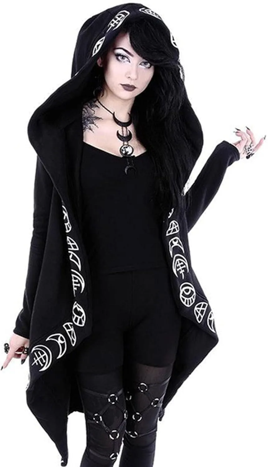 Xiaojmake Women Punk Gothic Sweatshirt Witchcraft Moon Long Hoodie Jacket Oversized Long Sleeve Zip Up Halloween Hooded Coats