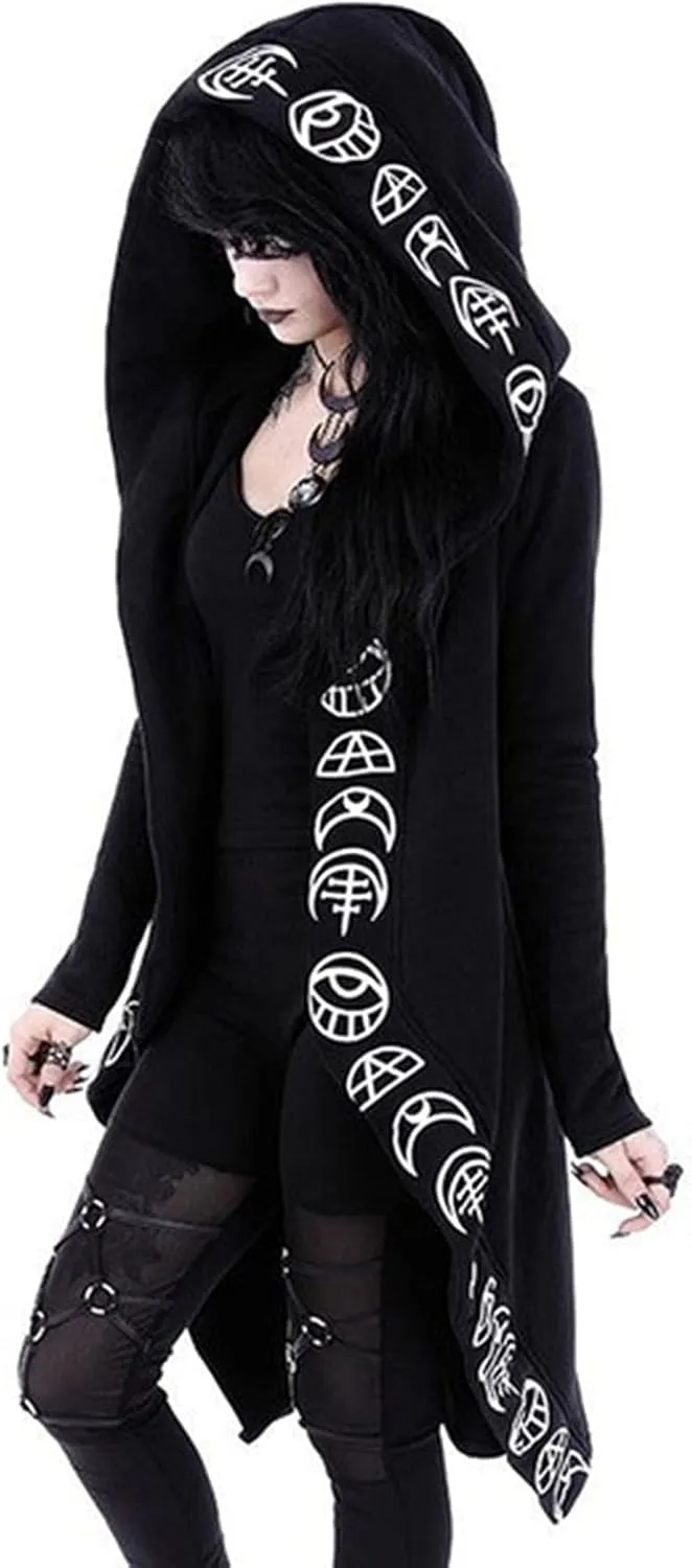 Xiaojmake Women Punk Gothic Sweatshirt Witchcraft Moon Long Hoodie Jacket Oversized Long Sleeve Zip Up Halloween Hooded Coats