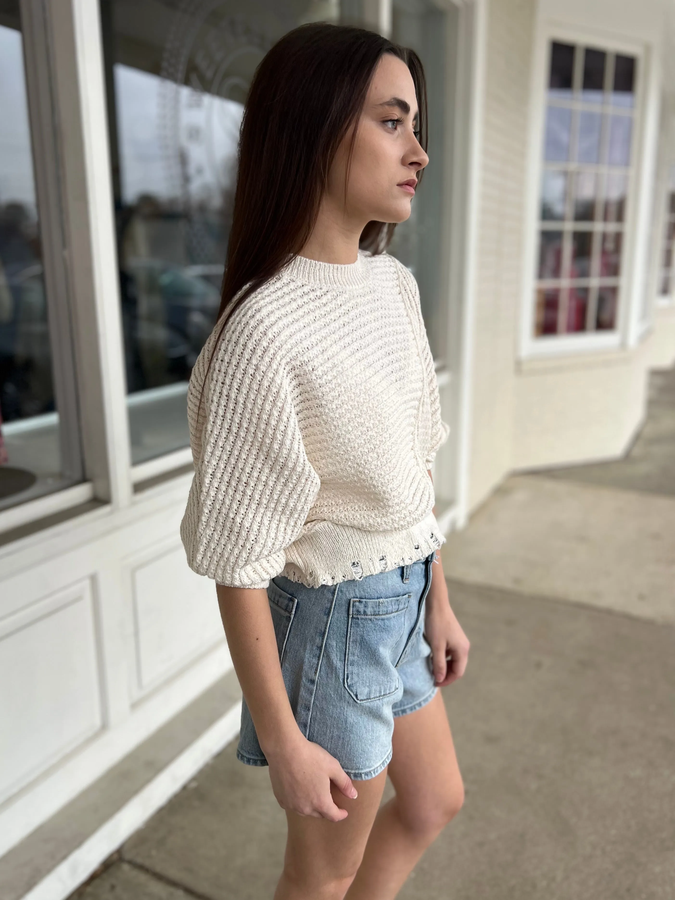 Zari Distressed Knit Sweater - Ivory